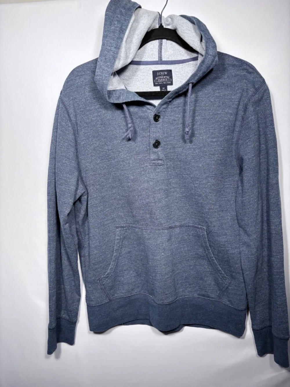 J. Crew Authentic Fleece Henley Hoodie Blue Heathered Pullover Mens Size Medium